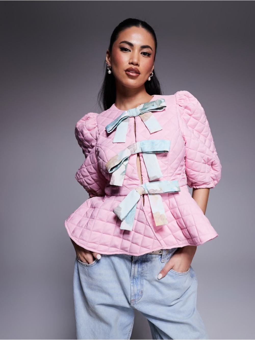 ASOS LUXE Pink Quilted Puff Sleeve Peplum Top with Pastel Bow Details